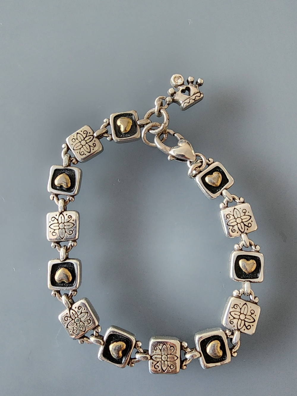 Silver Tone Heart & Tile Charm Bracelet in Two-Tone Finish